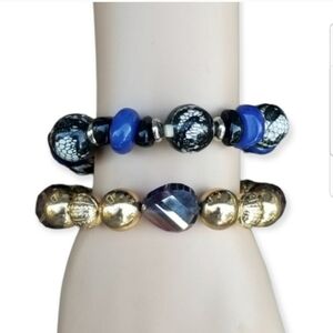 TWO VINTAGE FASHION BEADED STRETCH BRACELETS GOLD CRYSTAL & BLACK, BLUE & LACY